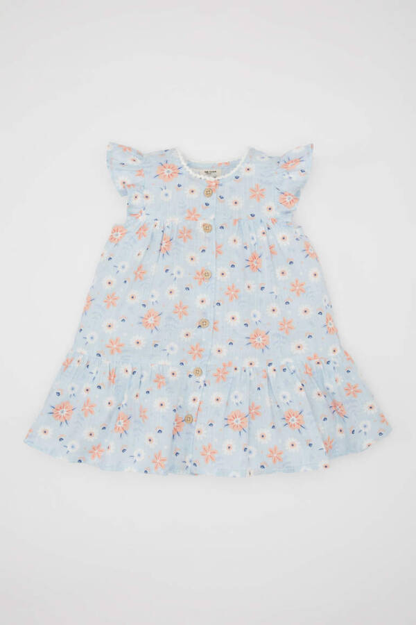 Baby Girl Floral Sleeveless Poplin Dress Light Blue - 1