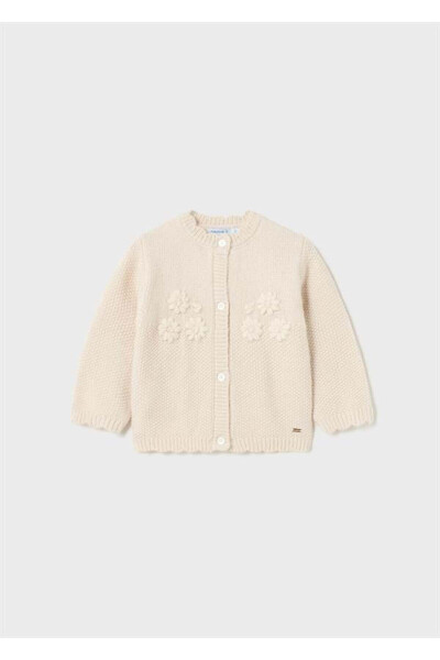 Baby Girl Flower Embroidered High Neck Knit Cardigan - 1