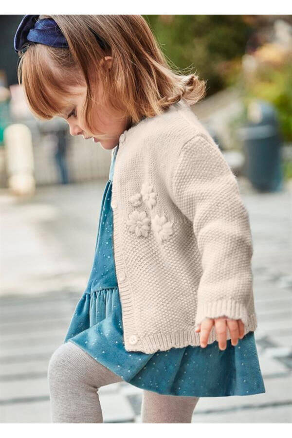 Baby Girl Flower Embroidered High Neck Knit Cardigan - 4