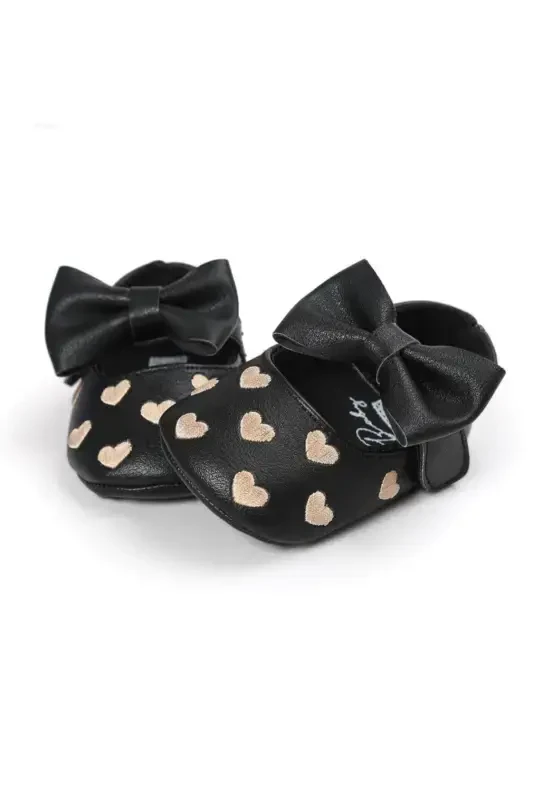 Baby Girl Heart Embroidered Booties Shoes-BLACK - 1