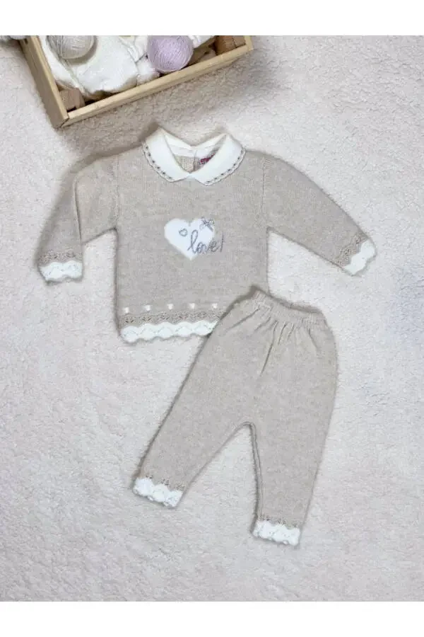 Baby Girl Knit Set with Heart Love Embroidery, Elastic Waist Top, and Patterned Bottom - 1