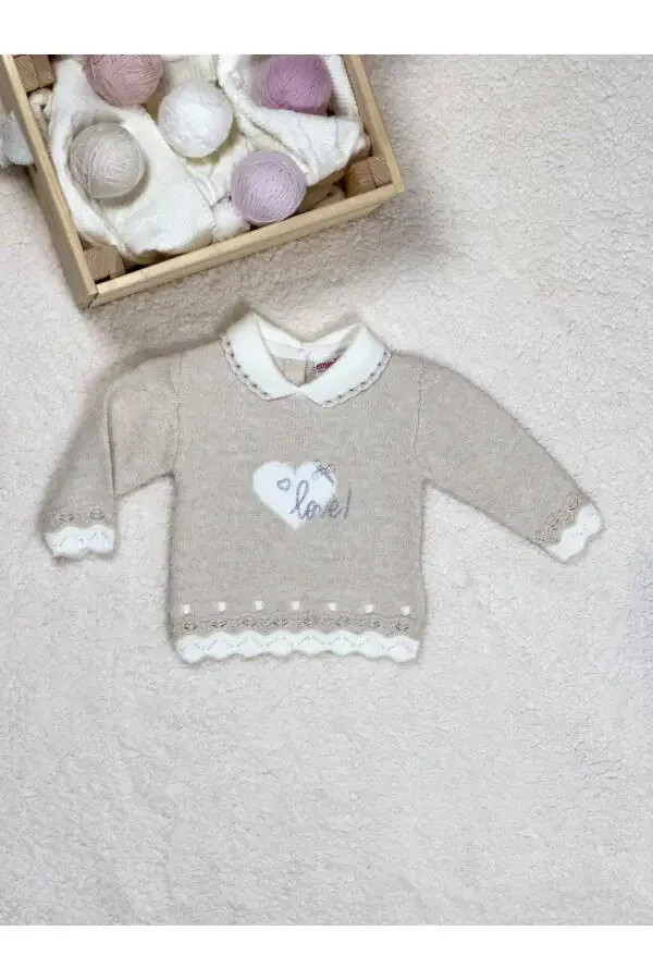 Baby Girl Knit Set with Heart Love Embroidery, Elastic Waist Top, and Patterned Bottom - 3