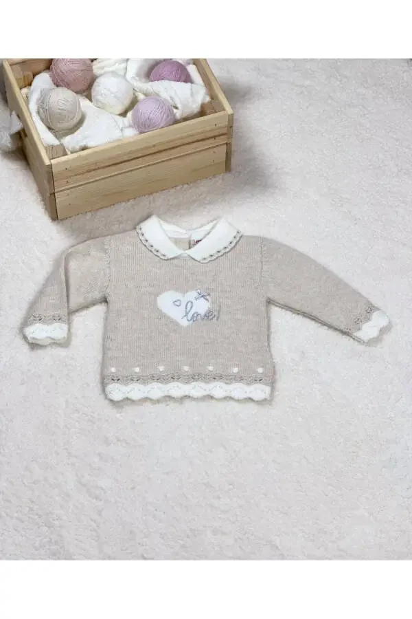Baby Girl Knit Set with Heart Love Embroidery, Elastic Waist Top, and Patterned Bottom - 4