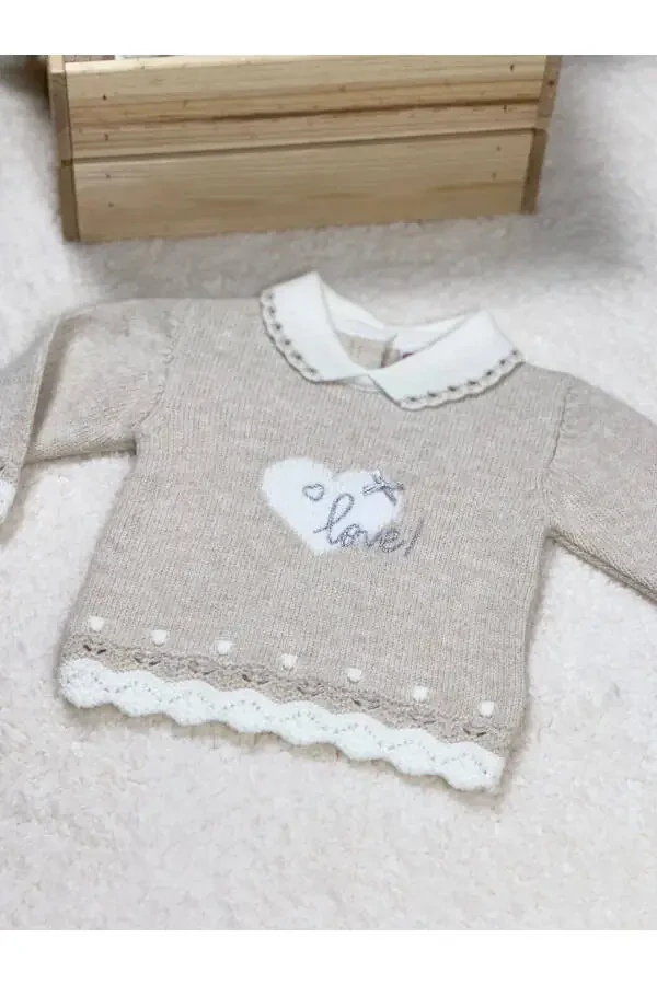 Baby Girl Knit Set with Heart Love Embroidery, Elastic Waist Top, and Patterned Bottom - 5
