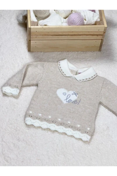 Baby Girl Knit Set with Heart Love Embroidery, Elastic Waist Top, and Patterned Bottom - 6