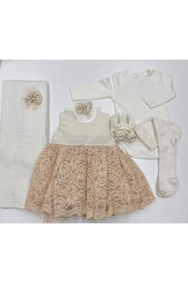 BABY GIRL LACE BACK RIBBON DETAILED BLANKET 6 PIECE NEWBORN SET - 2