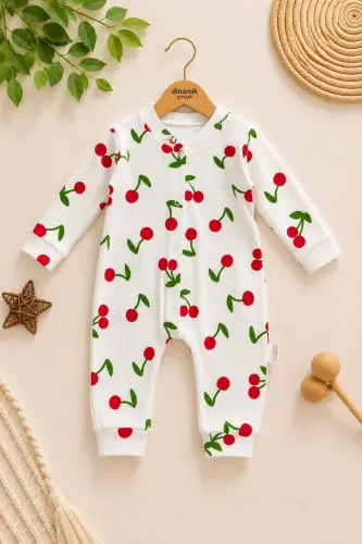 Baby Girl Large Cherry Printed Baby Romper Ribbed Snapped Newborn 100% Cotton 1-3-6 Months - White 