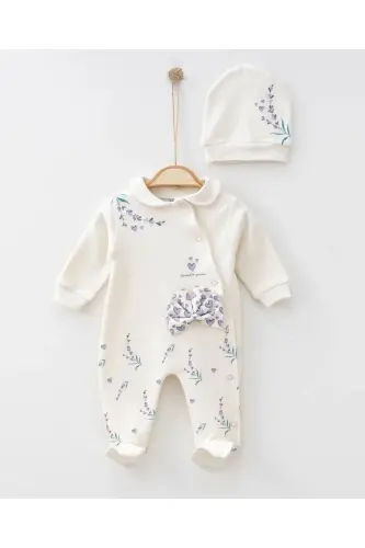 Baby Girl Lavender Garden 100% Cotton Jumpsuit Set with Hat-ecru - 1
