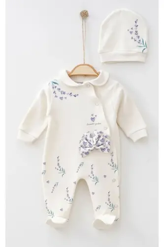 Baby Girl Lavender Garden 100% Cotton Jumpsuit Set with Hat-ecru - 3