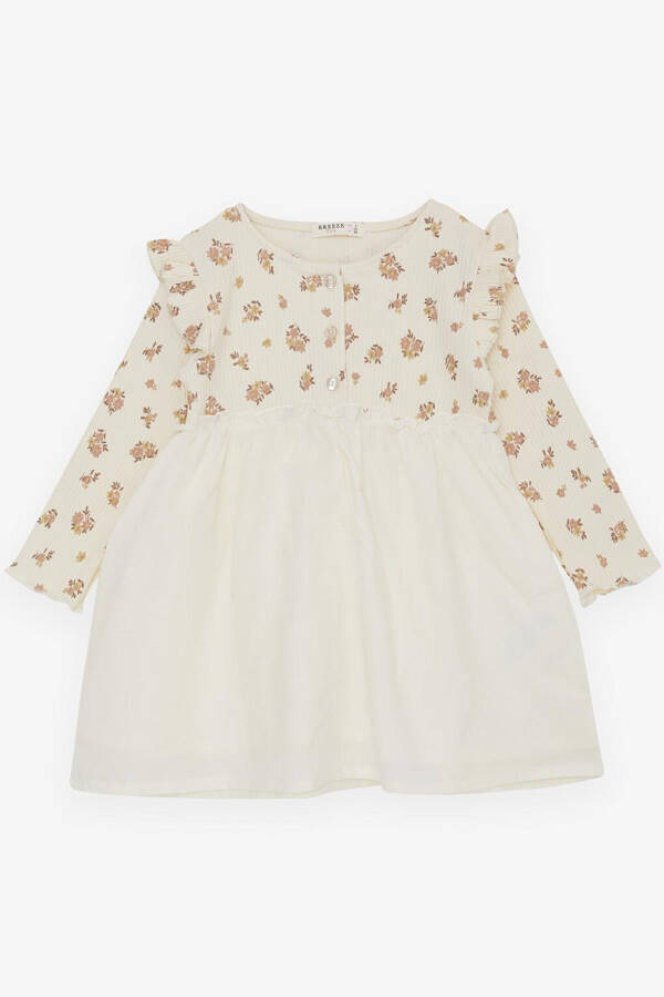 Baby Girl Long Sleeve Dress Floral Pattern Buttoned Frilled Shoulder Cream (2-6 Years) - 4