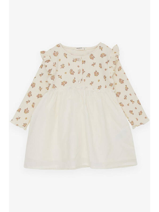 Baby Girl Long Sleeve Dress Floral Pattern Buttoned Frilled Shoulder Cream (2-6 Years) - 1