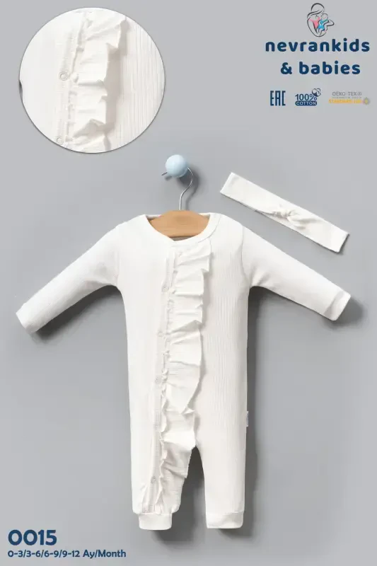 Baby Girl Long Sleeve Ribbed Ruffle Jumpsuit-Ecru - 2