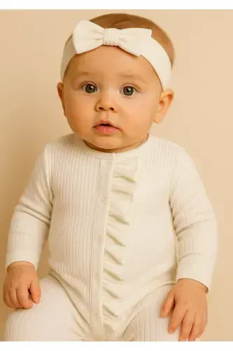 Baby Girl Long Sleeve Ribbed Ruffle Jumpsuit-Ecru - 4