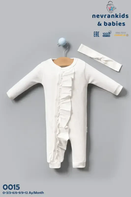 Baby Girl Long Sleeve Ribbed Ruffle Jumpsuit-Ecru - 5