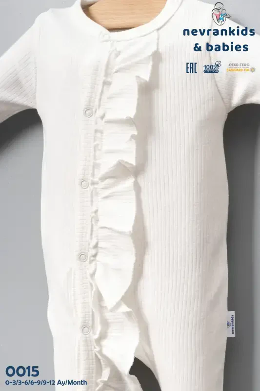 Baby Girl Long Sleeve Ribbed Ruffle Jumpsuit-Ecru - 7