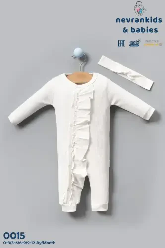 Baby Girl Long Sleeve Ribbed Ruffle Jumpsuit-Ecru - 8