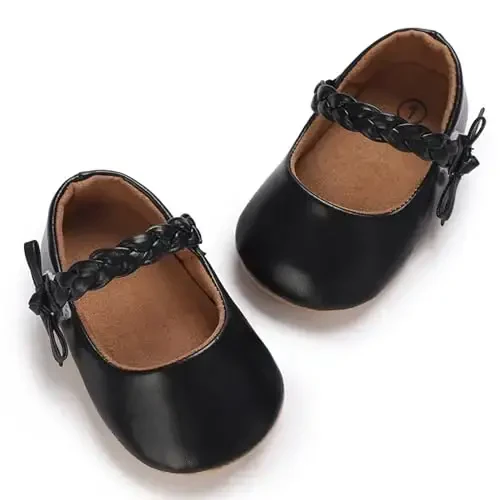 Baby Girl Mary Jane Dress Shoes - Infant Newborn Flats Anti-Slip Soft PU Leather Party School Wedding Princess Baby Girl Shoes - 1