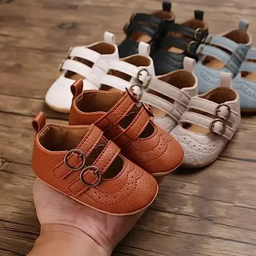 Baby Girl Mary Jane Dress Shoes - Infant Newborn Flats Anti-Slip Soft PU Leather Party School Wedding Princess Baby Girl Shoes - 6