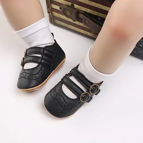 Baby Girl Mary Jane Dress Shoes - Infant Newborn Flats Anti-Slip Soft PU Leather Party School Wedding Princess Baby Girl Shoes - 3