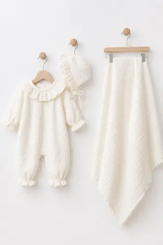 Baby Girl Muslin 3 Piece Newborn Romper Blanket Set Organic Set Hospital Exit Gift - Bej2 
