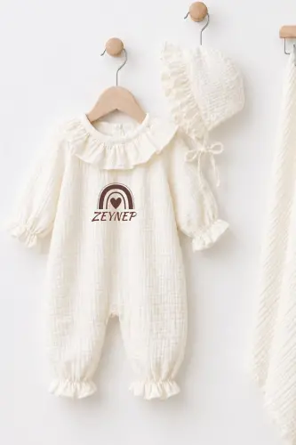 Baby Girl Muslin Personalized Hospital Output 3 Pieces Newborn Romper Hat Blanket Set Baby Gift - Beige3 - 2