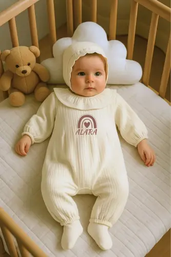 Baby Girl Named Organic Muslin Newborn Romper Hospital Outfit Baby Gift Summer Romper-Cream - 5