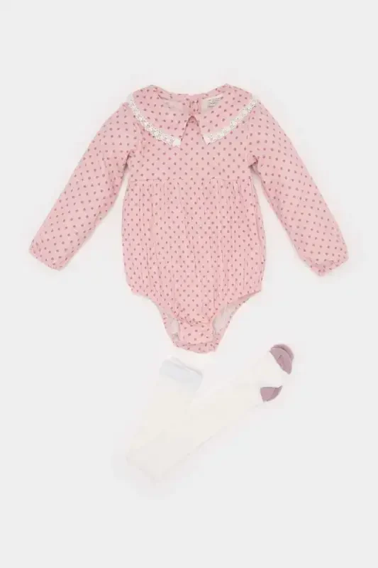 Baby Girl Newborn 2-Piece Set Muslin Wide Neck Long Sleeve Romper Tights E2384a525sp - DEFACTO