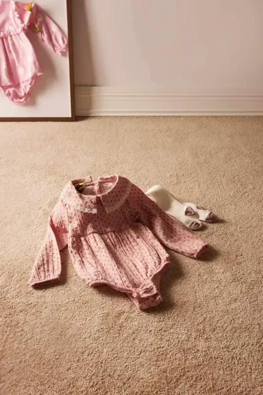 Baby Girl Newborn 2-Piece Set Muslin Wide Neck Long Sleeve Romper Tights E2384a525sp - 5