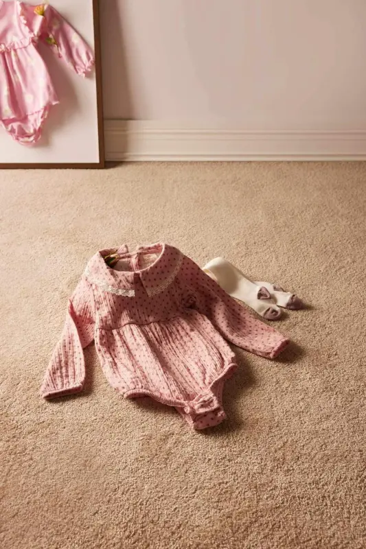 Baby Girl Newborn 2-Piece Set Muslin Wide Neck Long Sleeve Romper Tights E2384a525sp - 5