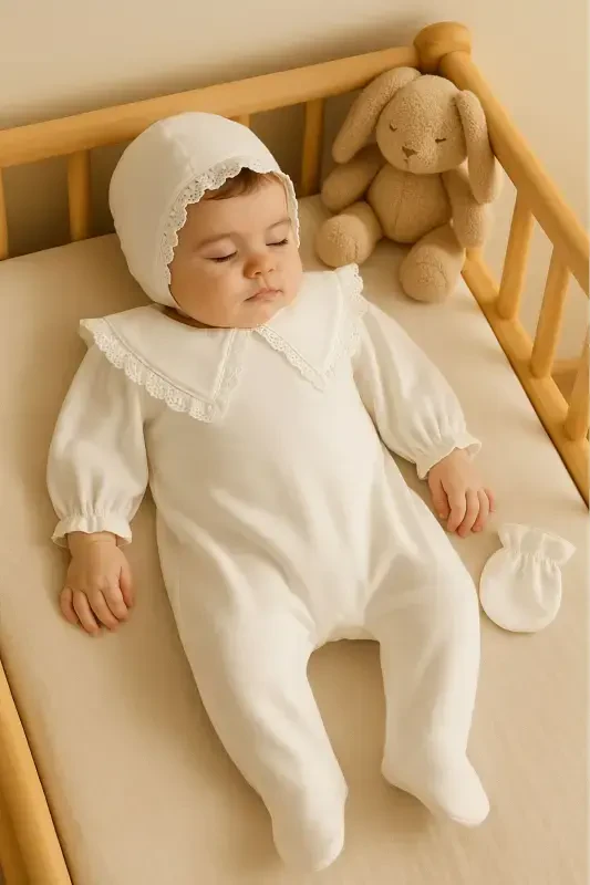Baby Girl Newborn Scalloped Hat and Triangular Collar Balloon Sleeve Jumpsuit Mawlid Set Hospital Outfit-White - MINYTRENDY