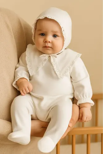 Baby Girl Newborn Scalloped Hat and Triangular Collar Balloon Sleeve Jumpsuit Mawlid Set Hospital Outfit-White 
