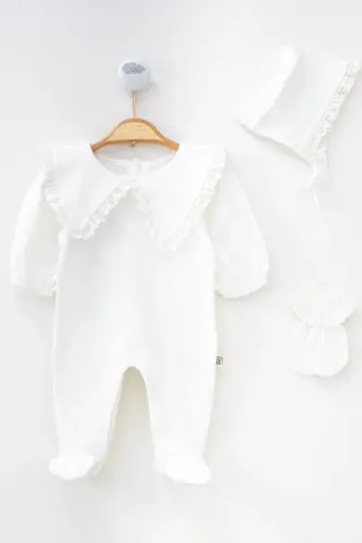 Baby Girl Newborn Scalloped Hat and Triangular Collar Balloon Sleeve Jumpsuit Mawlid Set Hospital Outfit-White - 2