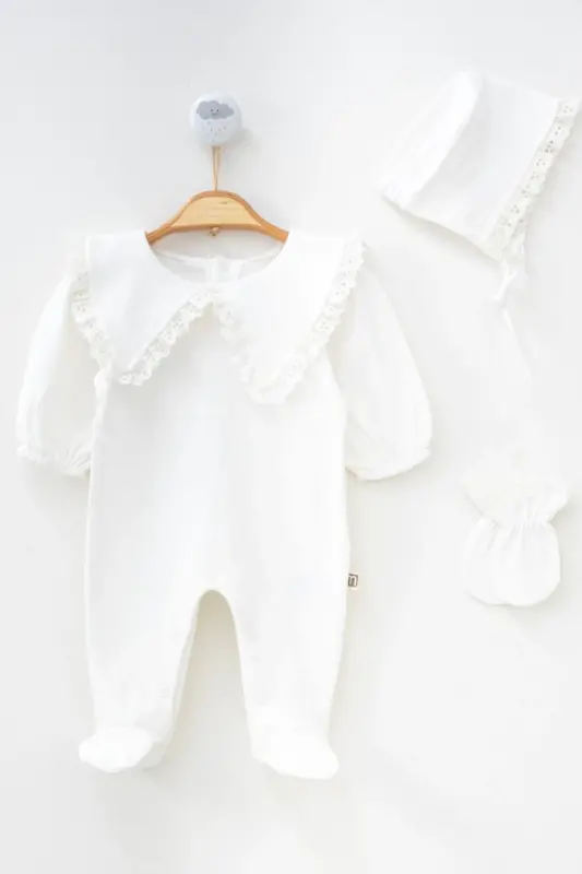 Baby Girl Newborn Scalloped Hat and Triangular Collar Balloon Sleeve Jumpsuit Mawlid Set Hospital Outfit-White - 2