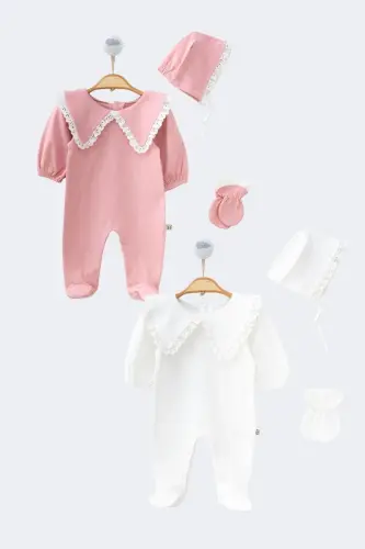 Baby Girl Newborn Scalloped Hat and Triangular Collar Balloon Sleeve Jumpsuit Mawlid Set Hospital Outfit-White - 5