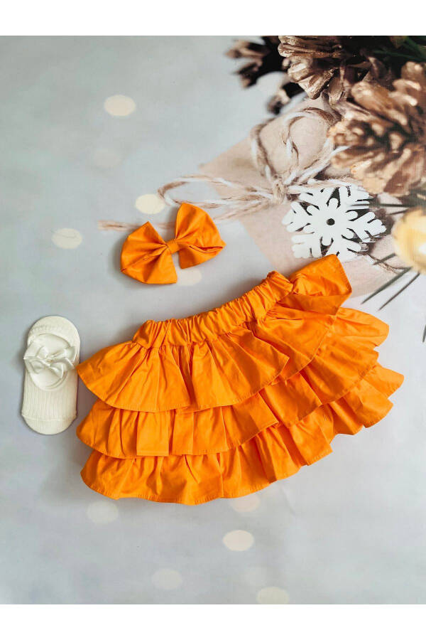 Baby Girl Orange Shorts Skirt Ballerina Socks Bandana Set - 3