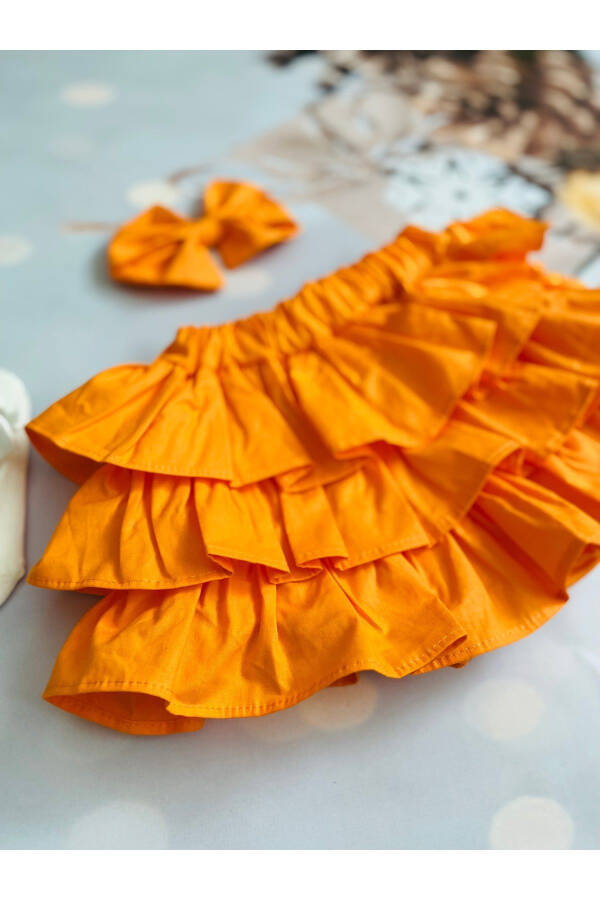 Baby Girl Orange Shorts Skirt Ballerina Socks Bandana Set - 4