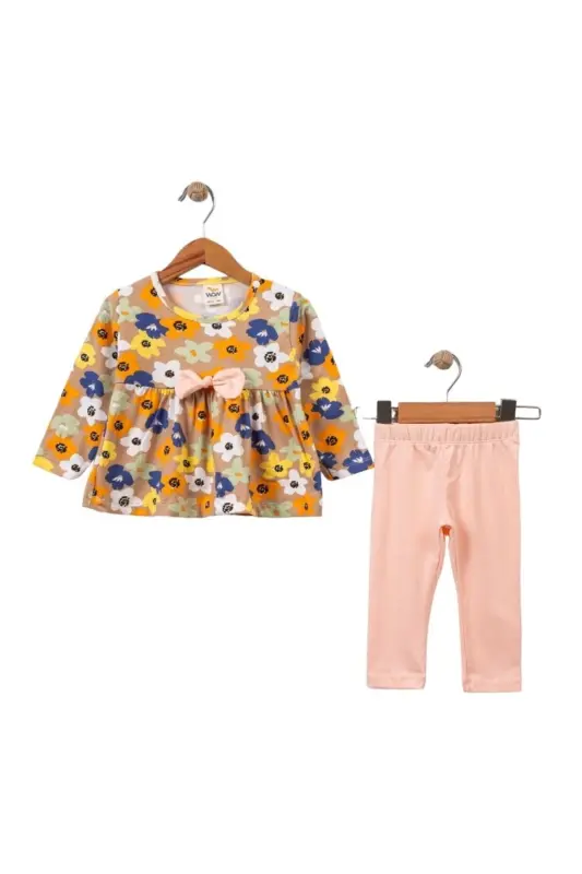 Baby Girl Outfit Set Floral Pattern Bow Detailed-Salmon - LANUGO