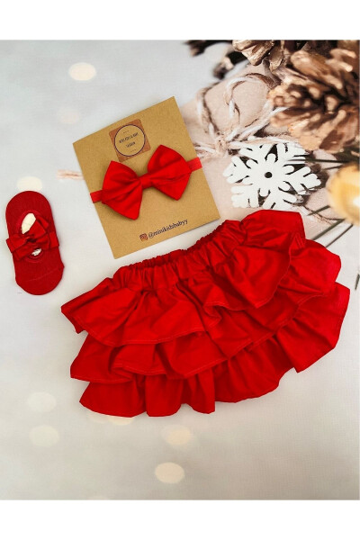 Baby Girl Red Shorts Skirt Ballerina Socks Bandana Set - 3