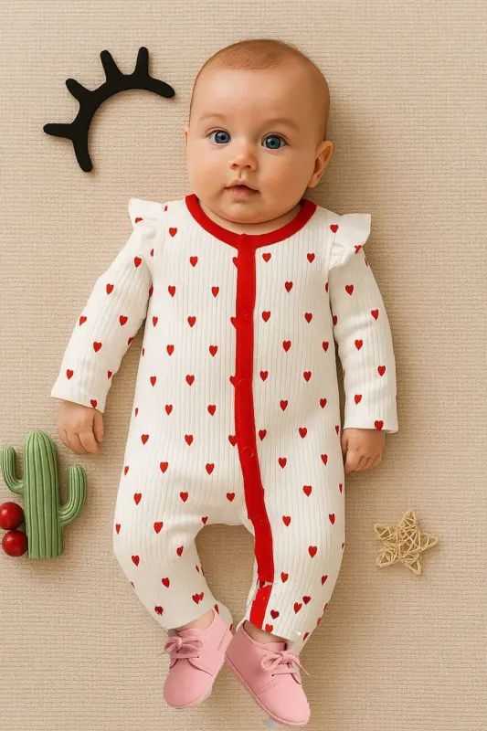 Baby Girl Romper Heart Patterned Cotton Romper-Red - 1