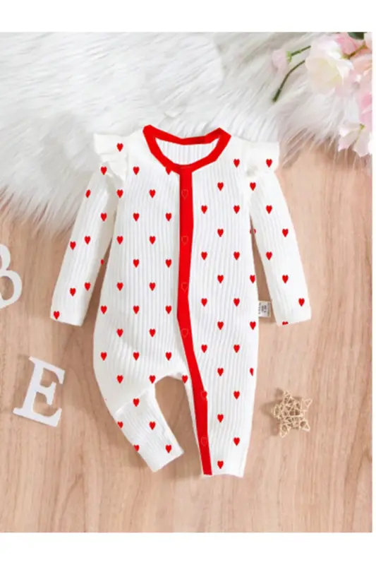 Baby Girl Romper Heart Patterned Cotton Romper-Red - 2