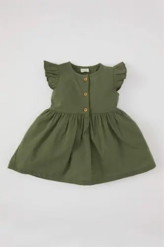 Baby Girl Short Sleeve Linen Look Dress Green - 1