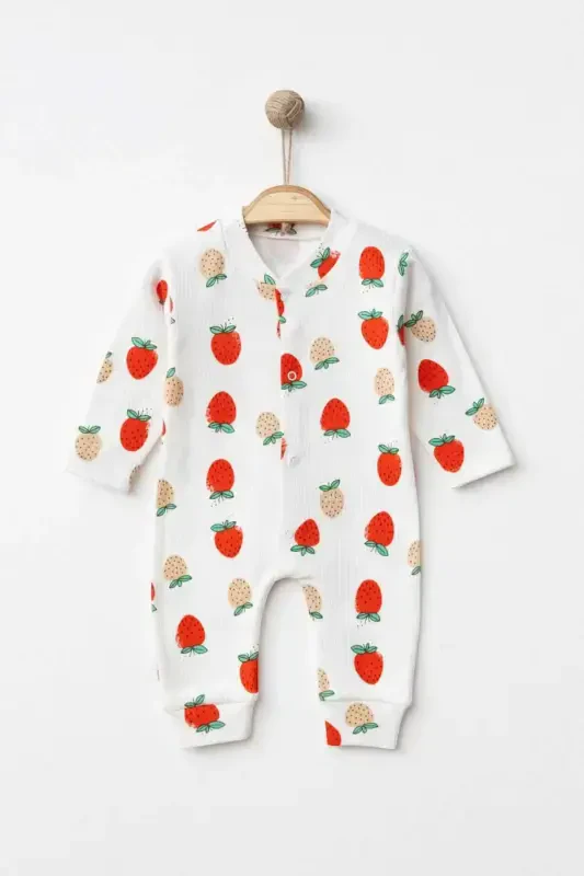 Baby Girl Strawberry Print Snap-Closure Newborn Baby Romper 100% Cotton Flexible 1-3-6 Months-WHITE STRAWBERRY - DINAMIK ÇOCUK