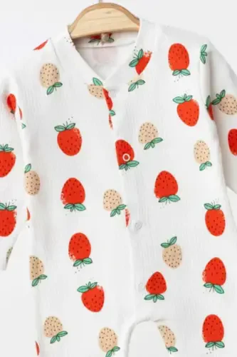 Baby Girl Strawberry Print Snap-Closure Newborn Baby Romper 100% Cotton Flexible 1-3-6 Months-WHITE STRAWBERRY - DINAMIK ÇOCUK (1)