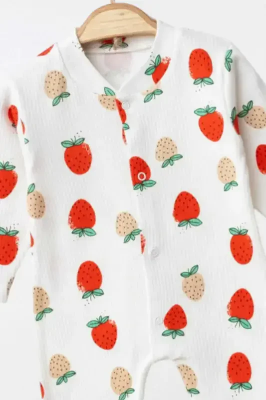 Baby Girl Strawberry Print Snap-Closure Newborn Baby Romper 100% Cotton Flexible 1-3-6 Months-WHITE STRAWBERRY - 2