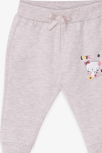 Baby Girl Sweatpants with Cat Print 6 Months-2 Years, Beige Melange - 5