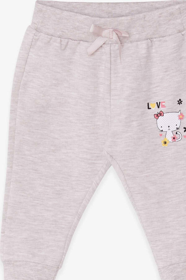 Baby Girl Sweatpants with Cat Print 6 Months-2 Years, Beige Melange - 5