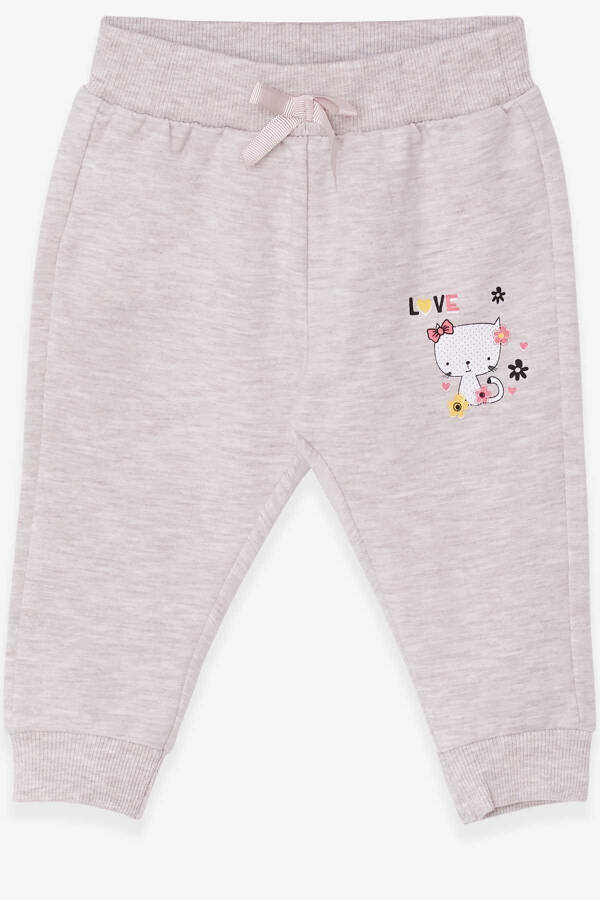 Baby Girl Sweatpants with Cat Print 6 Months-2 Years, Beige Melange - 1