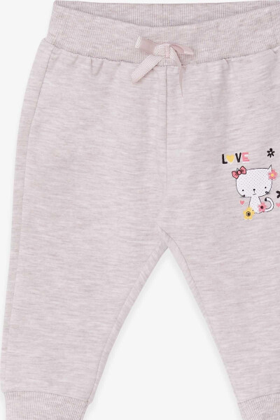 Baby Girl Sweatpants with Cat Print 6 Months-2 Years, Beige Melange - 3