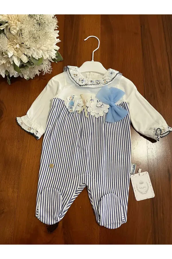 Baby girl thin jumpsuit blue striped summer themed - 1