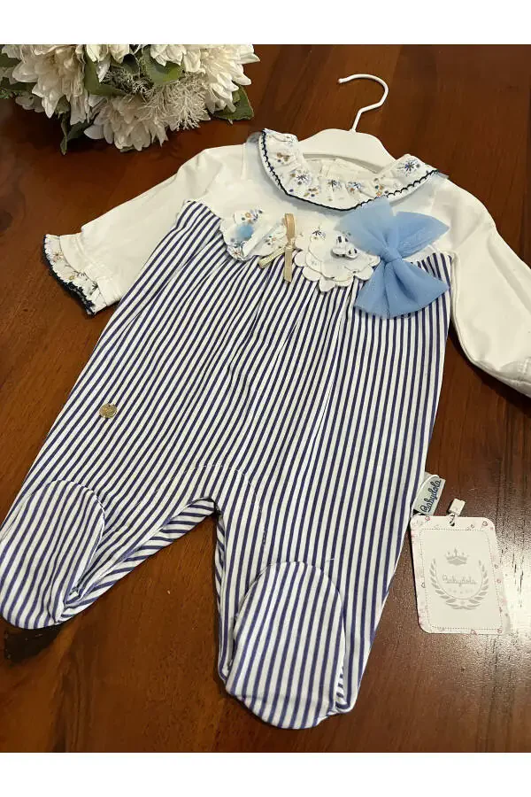 Baby girl thin jumpsuit blue striped summer themed - 4